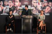 18 October 2018; Katie Taylor, left, and Cindy Serrano are interviewed by Matchroom Boxing promoter Eddie Hearn during a press conference at Fenway Park ahead of their WBA & IBF World Lightweight title bout on Saturday night at the TD Garden in Boston, Massachusetts, USA. Photo by Stephen McCarthy/Sportsfile