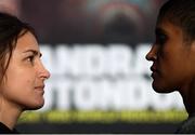 18 October 2018; Katie Taylor and Cindy Serrano square off following a press conference at Fenway Park ahead of their WBA & IBF World Lightweight title bout on Saturday night at the TD Garden in Boston, Massachusetts, USA. Photo by Stephen McCarthy/Sportsfile