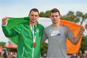 18 October 2018; Sean McCarthy-Crean of Team Ireland, from Cloghroe, Cork, left, with his twin brother Chris and his bronze medal after losing to Nabil Ech-Chaabi of Morocco during the men's Kumite, +65KG, semi-final round, in the Youth Olympic Park on Day 12 of the Youth Olympic Games in Buenos Aires, Argentina. Photo by Eóin Noonan/Sportsfile