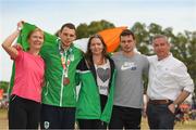18 October 2018; Sean McCarthy-Crean, 2nd from left, of Team Ireland, from Cloghroe, Cork, with his family, from left, Noirin, Sinead, Chris and Terry and his bronze medal after losing to Nabil Ech-Chaabi of Morocco during the men's Kumite, +65KG, semi-final round, in the Youth Olympic Park on Day 12 of the Youth Olympic Games in Buenos Aires, Argentina. Photo by Eóin Noonan/Sportsfile