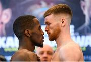 19 October 2018; Tevin Farmer, left, and James Tennyson square off after weighing in at the Boston Harbour Hotel ahead of their IBF World Featherweight title bout on Saturday night at the TD Garden in Boston, Massachusetts, USA. Photo by Stephen McCarthy/Sportsfile