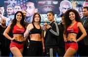 19 October 2018; Katie Taylor, left, and Cindy Serrano square off after weighing in at the Boston Harbour Hotel ahead of their WBA & IBF World Lightweight title bout on Saturday night at the TD Garden in Boston, Massachusetts, USA. Photo by Stephen McCarthy/Sportsfile