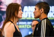 19 October 2018; Katie Taylor, left, and Cindy Serrano square off after weighing in at the Boston Harbour Hotel ahead of their WBA & IBF World Lightweight title bout on Saturday night at the TD Garden in Boston, Massachusetts, USA. Photo by Stephen McCarthy/Sportsfile