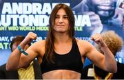 19 October 2018; Katie Taylor weighs in at the Boston Harbour Hotel ahead of her WBA & IBF World Lightweight title defence, against Cindy Serrano, on Saturday night at the TD Garden in Boston, Massachusetts, USA. Photo by Stephen McCarthy/Sportsfile