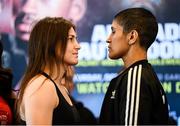 19 October 2018; Katie Taylor, left, and Cindy Serrano square off after weighing in at the Boston Harbour Hotel ahead of their WBA & IBF World Lightweight title bout on Saturday night at the TD Garden in Boston, Massachusetts, USA. Photo by Stephen McCarthy/Sportsfile