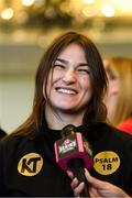 19 October 2018; Katie Taylor speaks to media after weighing in at the Boston Harbour Hotel ahead of her WBA & IBF World Lightweight title defence, against Cindy Serrano, on Saturday night at the TD Garden in Boston, Massachusetts, USA. Photo by Stephen McCarthy/Sportsfile