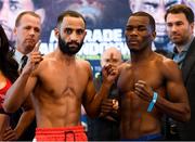 19 October 2018; Kid Galahad, left, and Toka Kahn Clary square off after weighing in at the Boston Harbour Hotel ahead of their featherweight bout on Saturday night at the TD Garden in Boston, Massachusetts, USA. Photo by Stephen McCarthy/Sportsfile