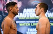19 October 2018; Scott Quigg, right, and Mario Briones square off at the Boston Harbour Hotel ahead of their featherweight bout on Saturday night at the TD Garden in Boston, Massachusetts, USA. Photo by Stephen McCarthy/Sportsfile