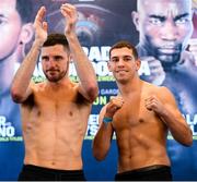 19 October 2018; Tommy Coyle, left, and Ryan Kielczweski after weighing in at the Boston Harbour Hotel ahead of their super lightweight bout on Saturday night at the TD Garden in Boston, Massachusetts, USA. Photo by Stephen McCarthy/Sportsfile