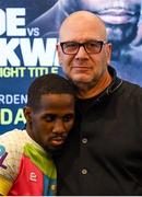 19 October 2018; Tevin Farmer, with Lou DiBella, President of DiBella Entertainment, after weighing in at the Boston Harbour Hotel ahead of his IBF World Featherweight title bout, against James Tennyson, on Saturday night at the TD Garden in Boston, Massachusetts, USA. Photo by Stephen McCarthy/Sportsfile