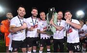 19 October 2018; Dundalk players, from left to right, Patrick Hoban, Stephen Folan, John Mountney, Stephen O'Donnell and Ronan Murray celebrate with the trophy following the SSE Airtricity League Premier Division following the SSE Airtricity League Premier Division match between Dundalk and Sligo Rovers at Oriel Park in Dundalk, Louth. Photo by Seb Daly/Sportsfile