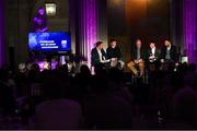 19 October 2018; Shane Conway of Kerry, Bord Gáis Energy ‘B’ Championship Player of the Year, second from right, with from left, Micheál Ó Domhnaill, Team of the Year Judge and Presenter, Joe Canning, Team of the Year Judge,  Ger Cunningham, Team of the Year Judge, and Ken McGrath, Team of the Year Judge, during the Bord Gáis Energy GAA Hurling U-21 Team of the Year Awards at City Hall in Dublin. Photo by Piaras Ó Mídheach/Sportsfile