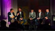 19 October 2018; Micheál Ó Domhnaill, Team of the Year Judge and Presenter, with from left, Ken McGrath, Team of the Year Judge, Fintan Burke of Galway, Robert Byrne of Tipperary, and Billy Hennessy of Cork at the Bord Gáis Energy GAA Hurling U-21 Team of the Year Awards at City Hall in Dublin. Photo by Piaras Ó Mídheach/Sportsfile