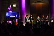 19 October 2018; Micheál Ó Domhnaill, Team of the Year Judge and Presenter, with from left, Ken McGrath, Team of the Year Judge, Fintan Burke of Galway, Robert Byrne of Tipperary, and Billy Hennessy of Cork at the Bord Gáis Energy GAA Hurling U-21 Team of the Year Awards at City Hall in Dublin. Photo by Piaras Ó Mídheach/Sportsfile