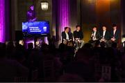 19 October 2018; Micheál Ó Domhnaill, Team of the Year Judge and Presenter, with from left, Joe Canning, Team of the Year Judge, Robbie O’Flynn of Cork, Rory O’Connor of Wexford, and Cianan Fahy of Galway at the Bord Gáis Energy GAA Hurling U-21 Team of the Year Awards at City Hall in Dublin. Photo by Piaras Ó Mídheach/Sportsfile