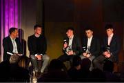 19 October 2018; Micheál Ó Domhnaill, Team of the Year Judge and Presenter, with from left, Joe Canning, Team of the Year Judge, Robbie O’Flynn of Cork, Rory O’Connor of Wexford, and Cianan Fahy of Galway at the Bord Gáis Energy GAA Hurling U-21 Team of the Year Awards at City Hall in Dublin. Photo by Piaras Ó Mídheach/Sportsfile