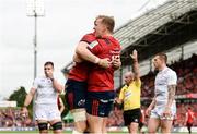 20 October 2018; Mike Haley, right, of Munster celebrates with team-mate Darren Sweetnam after scoring his side's first try during the Heineken Champions Cup Pool 2 Round 2 match between Munster and Gloucester at Thomond Park in Limerick. Photo by Diarmuid Greene/Sportsfile