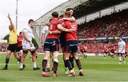 20 October 2018; Mike Haley, centre, of Munster celebrates with team-mates Darren Sweetnam, left, and Joey Carbery after scoring his side's first try during the Heineken Champions Cup Pool 2 Round 2 match between Munster and Gloucester at Thomond Park in Limerick. Photo by Diarmuid Greene/Sportsfile
