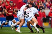 20 October 2018; James Cronin of Munster is tackled by Fraser Balmain, left, and Billy Twelvetrees of Gloucester during the Heineken Champions Cup Pool 2 Round 2 match between Munster and Gloucester at Thomond Park in Limerick. Photo by Sam Barnes/Sportsfile