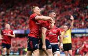 20 October 2018; Sam Arnold of Munster celebrates with Andrew Conway, left, after scoring his side's fourth try during the Heineken Champions Cup Pool 2 Round 2 match between Munster and Gloucester at Thomond Park in Limerick. Photo by Sam Barnes/Sportsfile