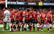 20 October 2018; Joey Carbery, 10, of Munster celebrates with team-mates after scoring his side's third try during the Heineken Champions Cup Pool 2 Round 2 match between Munster and Gloucester at Thomond Park in Limerick. Photo by Diarmuid Greene/Sportsfile
