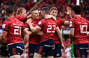 20 October 2018; Sam Arnold of Munster, centre, is congratulated by Andrew Conway and teammates during the Heineken Champions Cup Pool 2 Round 2 match between Munster and Gloucester at Thomond Park in Limerick. Photo by Sam Barnes/Sportsfile