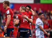 20 October 2018; Andrew Conway of Munster celebrates after scoring his side's fifth try with Joey Carbery during the Heineken Champions Cup Pool 2 Round 2 match between Munster and Gloucester at Thomond Park in Limerick. Photo by Sam Barnes/Sportsfile