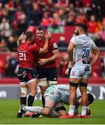 20 October 2018; Alby Mathewson and Peter O'Mahony of Munster celebrate at the final whistle after the Heineken Champions Cup Pool 2 Round 2 match between Munster and Gloucester at Thomond Park in Limerick. Photo by Diarmuid Greene/Sportsfile