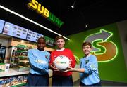 22 October 2018; Victor Akinbola, left, Aron Crowly-Smith, centre, and Calum Finlayson were on hand to help Subway® launch the 2018/2019 Subway® Schoolboys Football Association of Ireland Championships. This is year three of the Subway® brand’s sponsorship of the inter-league competitions at Under-12, 13, 15 and 16 age-levels, which are contested provincially before concluding with the national semi-finals and final. Photo by Stephen McCarthy/Sportsfile