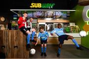 22 October 2018; Aron Crowly-Smith, left, Calum Finlayson, centre, and Victor Akinbola were on hand to help Subway® launch the 2018/2019 Subway® Schoolboys Football Association of Ireland Championships. This is year three of the Subway® brand’s sponsorship of the inter-league competitions at Under-12, 13, 15 and 16 age-levels, which are contested provincially before concluding with the national semi-finals and final. Photo by Stephen McCarthy/Sportsfile