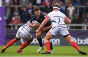 20 October 2018; Tom Farrell of Connacht is tackled by Jono Ross, left, and Ross Harrison of Sale Sharks during the Heineken Challenge Cup Pool 3 Round 2 match between Sale Sharks and Connacht at AJ Bell Stadium, in Salford, England. Photo by Harry Murphy/Sportsfile