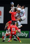 20 October 2018; Simon Zebo, left, and Juan Imhoff of Racing 92 contest a high ball with Craig Gilroy of Ulster during the Heineken Champions Cup Pool 4 Round 2 match between Racing 92 and Ulster at Paris La Defence Arena, in Paris, France. Photo by Brendan Moran/Sportsfile
