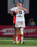 20 October 2018; Simon Zebo of Racing 92 and Rory Best of Ulster embrace after the Heineken Champions Cup Pool 4 Round 2 match between Racing 92 and Ulster at Paris La Defence Arena, in Paris, France. Photo by Brendan Moran/Sportsfile