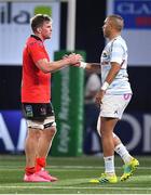 20 October 2018; Jordi Murphy of Ulster with Simon Zebo of Racing 92 after the Heineken Champions Cup Pool 4 Round 2 match between Racing 92 and Ulster at Paris La Defence Arena, in Paris, France. Photo by Brendan Moran/Sportsfile