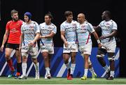 20 October 2018; Simon Zebo of Racing 92, 2nd from right, celebrates after scoring his side's fifth try during the Heineken Champions Cup Pool 4 Round 2 match between Racing 92 and Ulster at Paris La Defence Arena, in Paris, France. Photo by Brendan Moran/Sportsfile