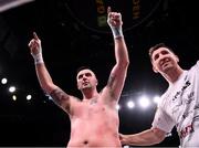 20 October 2018; Niall Kennedy celebrates with trainer Packie Collins after winning his heavyweight bout against Brendan Barrett at TD Garden in Boston, Massachusetts, USA. Photo by Stephen McCarthy/Sportsfile