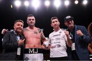 20 October 2018; Niall Kennedy celebrates with, from left, Ken Casey of Murphy's Boxing promotions, trainer Packie Collins and Sean Sullivan of Murphy's Boxing promotions after winning his heavyweight bout against Brendan Barrett at TD Garden in Boston, Massachusetts, USA. Photo by Stephen McCarthy/Sportsfile