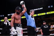 20 October 2018; Referee Gene Del Bianco raises Kid Galahad's hand in victory following his IBF Featherweight eliminator bout with Toka Kahn Clary at TD Garden in Boston, Massachusetts, USA. Photo by Stephen McCarthy/Sportsfile