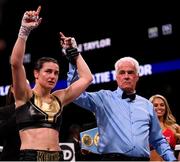 20 October 2018; Referee Leo Gerstel raises Katie Taylor's hand in victory following her WBA & IBF Female Lightweight World title bout against Cindy Serrano at TD Garden in Boston, Massachusetts, USA. Photo by Stephen McCarthy/Sportsfile