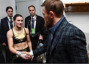 20 October 2018; UFC fighter Conor McGregor with Katie Taylor following her WBA & IBF Female Lightweight World title bout against Cindy Serrano at TD Garden in Boston, Massachusetts, USA. Photo by Stephen McCarthy/Sportsfile