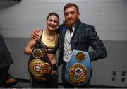 20 October 2018; UFC fighter Conor McGregor poses with Katie Taylor following her WBA & IBF Female Lightweight World title bout against Cindy Serrano at TD Garden in Boston, Massachusetts, USA. Photo by Stephen McCarthy/Sportsfile