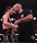 20 October 2018; Katie Taylor is congratulated by her trainer Ross Enamait following her WBA & IBF Female Lightweight World title bout against Cindy Serrano at TD Garden in Boston, Massachusetts, USA. Photo by Stephen McCarthy/Sportsfile