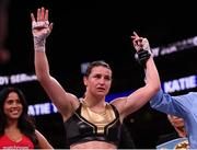20 October 2018; Katie Taylor has her hand raised in victory following her WBA & IBF Female Lightweight World title bout against Cindy Serrano at TD Garden in Boston, Massachusetts, USA. Photo by Stephen McCarthy/Sportsfile