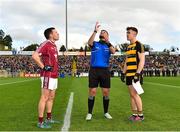 21 October 2018; Referee Conor Dourneen with captains Ronan Flanagan of Castlerahan, left, and Dara McVeety of Crosserlough, right, during the coin toss prior to the Cavan County Senior Club Football Championship Final match between Castlerahan and Crosserlough at Kingspan Breffni Park in Cavan. Photo by Seb Daly/Sportsfile