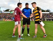 21 October 2018; Captains Ronan Flanagan of Castlerahan, left, and Dara McVeety of Crosserlough, right, shake hands following the coin toss prior to the Cavan County Senior Club Football Championship Final match between Castlerahan and Crosserlough at Kingspan Breffni Park in Cavan. Photo by Seb Daly/Sportsfile