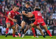 21 October 2018; Garry Ringrose of Leinster is tackled by Antoine Dupont and Yoann Huget of Toulouse during the Heineken Champions Cup Pool 1 Round 2 match between Toulouse and Leinster at Stade Ernest Wallon, in Toulouse, France. Photo by Brendan Moran/Sportsfile