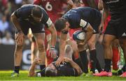 21 October 2018; Seán Cronin of Leinster is checked on by team-mates Robbie Henshaw and Jonathan Sexton after scoring their side's third try during the Heineken Champions Cup Pool 1 Round 2 match between Toulouse and Leinster at Stade Ernest Wallon, in Toulouse, France. Photo by Brendan Moran/Sportsfile