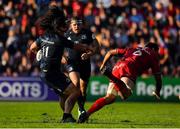21 October 2018; James Lowe of Leinster fends off Rynhardt Elstadt of Toulouse in the tackle during the Heineken Champions Cup Pool 1 Round 2 match between Toulouse and Leinster at Stade Ernest Wallon, in Toulouse, France. Photo by Brendan Moran/Sportsfile