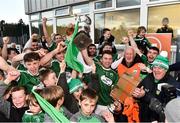 21 October 2018; Niall Friel of Gaoth Dobhair and the Gaoth Dobhair players celebrate with the Maguire cup after the Donegal County Senior Club Football Championship Final match between Naomh Conaill Glenties and Gaoth Dobhair at MacCumhaill Park, in Ballybofey, Donegal. Photo by Oliver McVeigh/Sportsfile