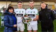 21 October 2018; Moorefield players Éanna O'Connor, second from left, and his brother Cian, and their parents Bridie and Jack with Dermot Bourke Cup after the Kildare County Senior Club Football Championship Final match between Athy and Moorefield at St Conleth's Park, in Newbridge, Kildare. Photo by Piaras Ó Mídheach/Sportsfile
